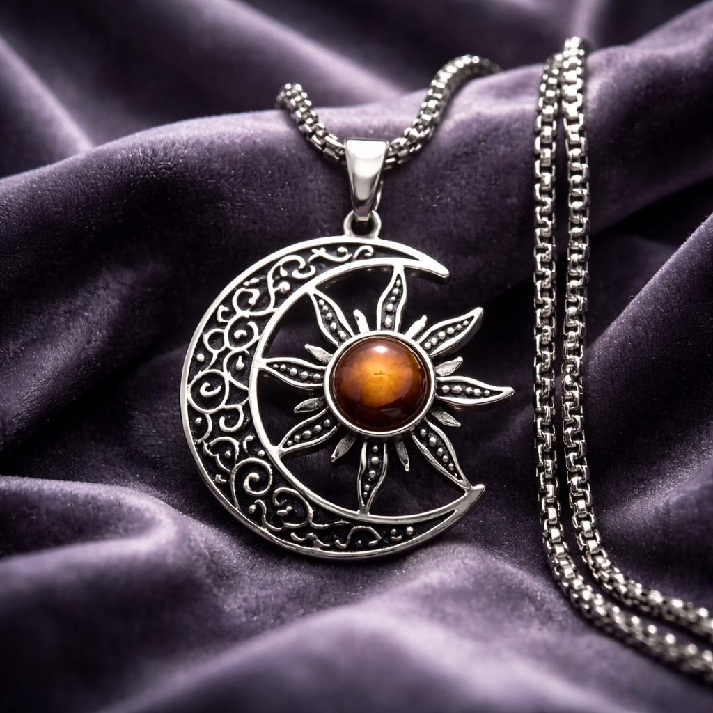 Sun and Moon Pendant Necklace with Faux Gemstone