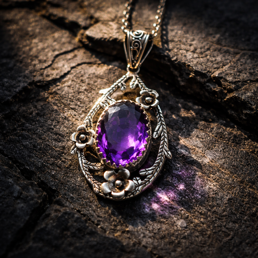 Water Drop Shape Purple Synthetic Gemstone Pendant Necklace