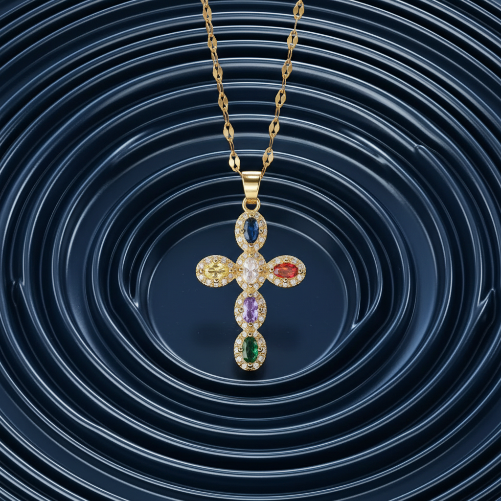 French Cross Pendant Necklace - Color: Golden Zirconium