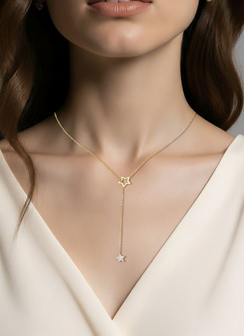 Fashionable Y-Shaped Star Pendant Necklace - Color: Golden