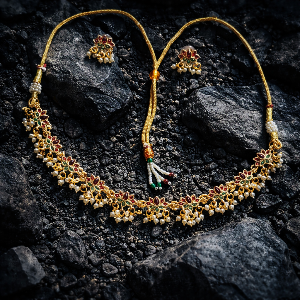 Small Lotus Gungroo Necklace Set with Earrings
