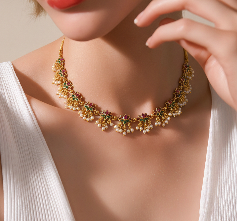 Small Lotus Gungroo Necklace Set with Earrings