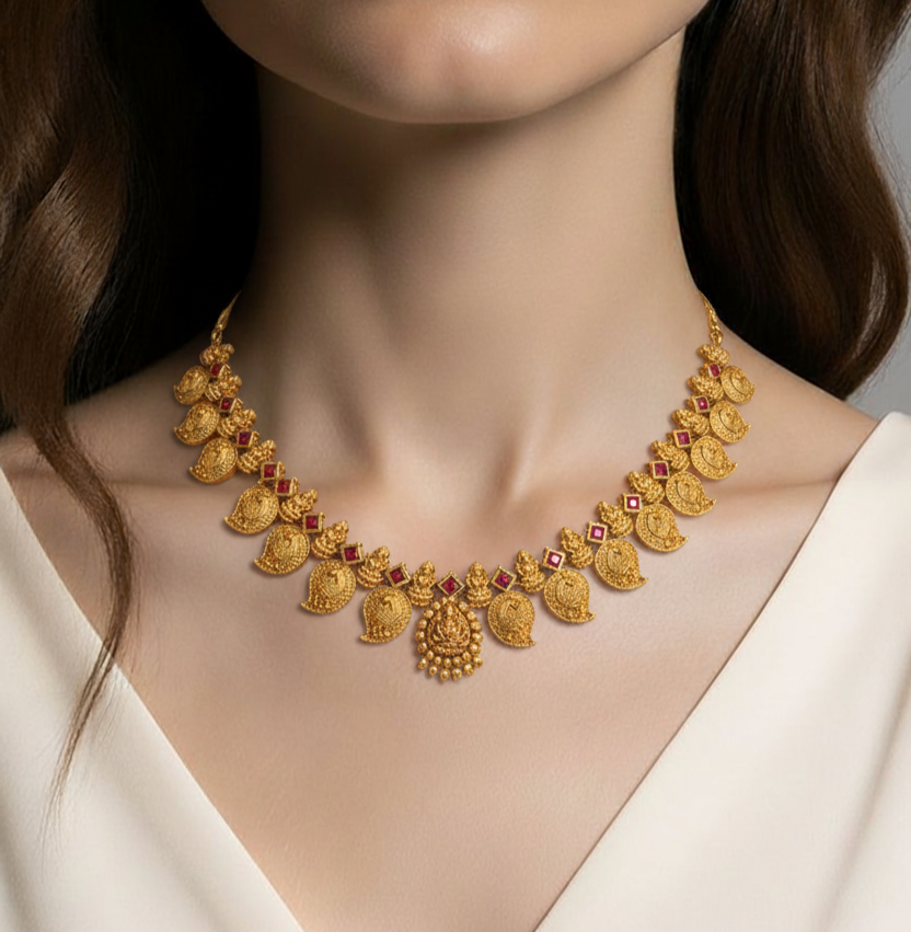 Red Mango Design Necklace Featuring Lakshmi and Peacock Motifs, with Earrings  Traditional tone