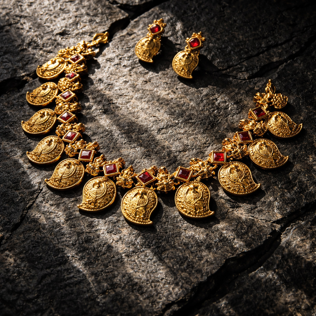 Red Mango Design Necklace Featuring Lakshmi and Peacock Motifs, with Earrings  Traditional tone