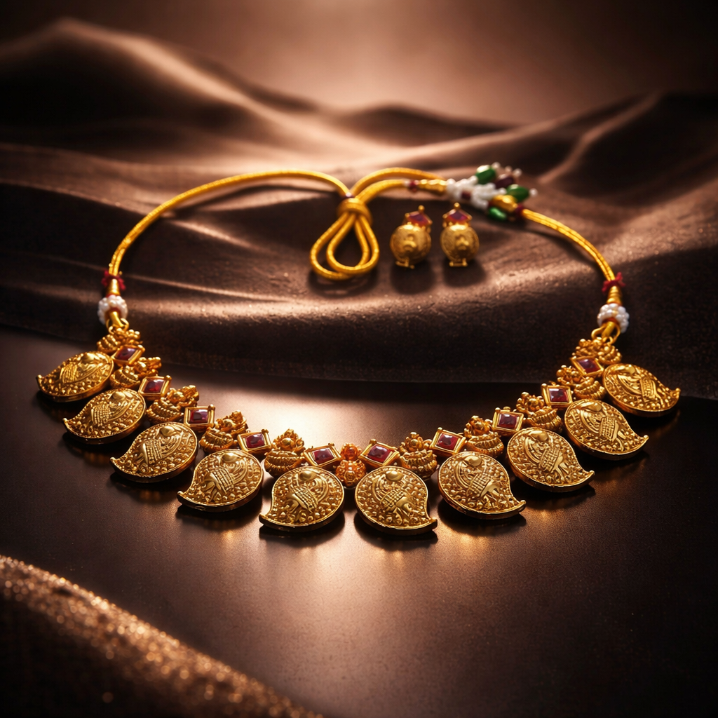 Red Mango Design Necklace Featuring Lakshmi and Peacock Motifs, with Earrings  Traditional tone