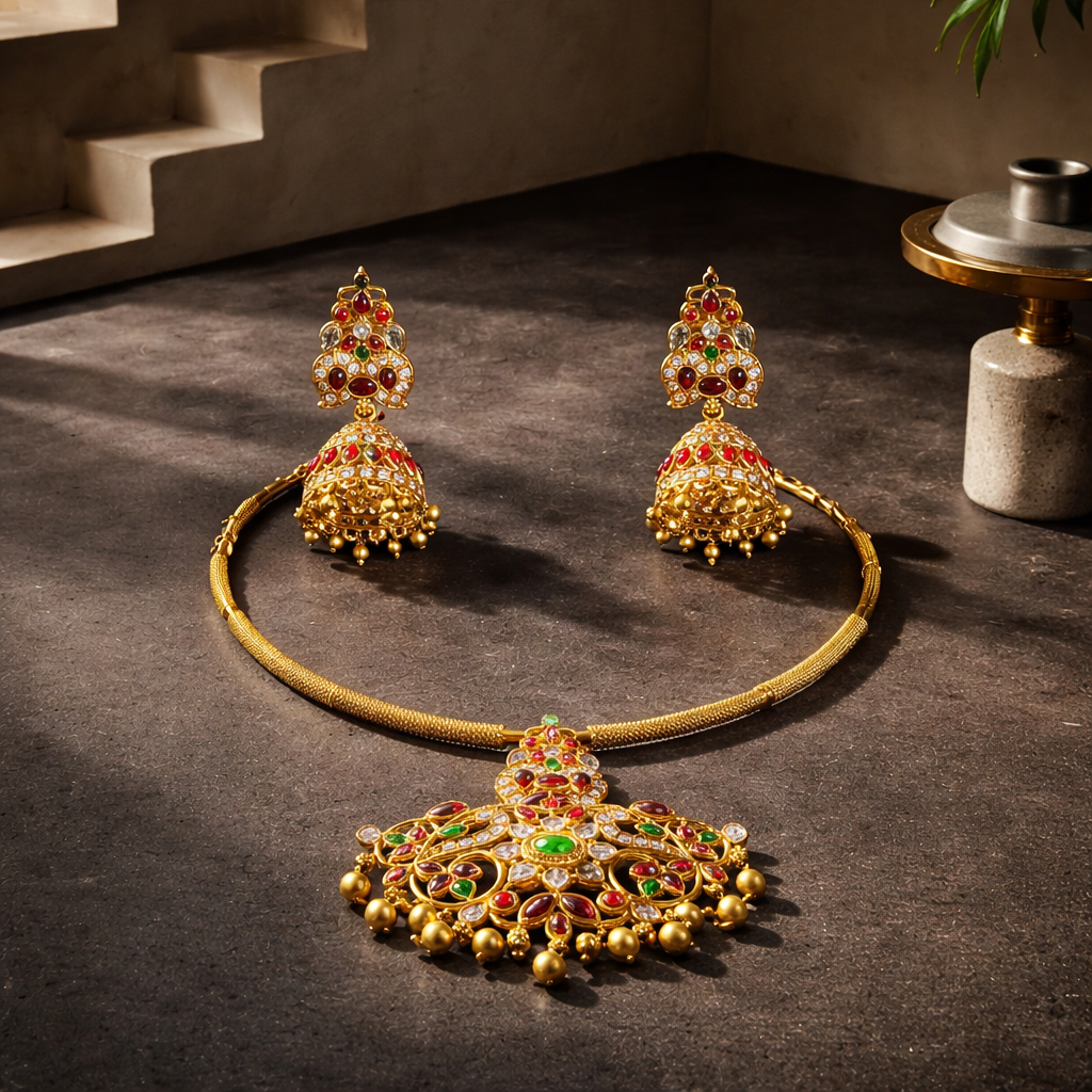 Hasli-Style Choker with Multicolor Pendant and Matching Earrings