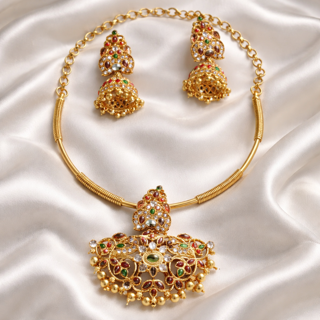 Hasli-Style Choker with Multicolor Pendant and Matching Earrings