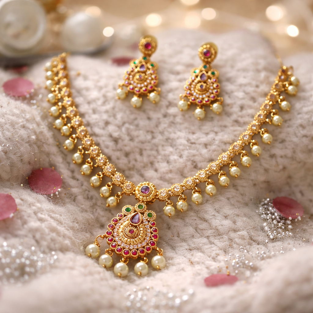 Traditional AD Stone  Gold Tone Necklace & Earrings Set