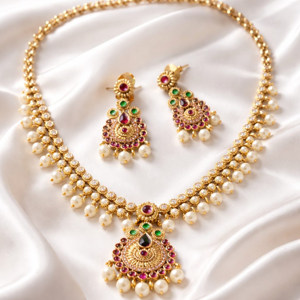 Traditional AD Stone  Gold Tone Necklace & Earrings Set