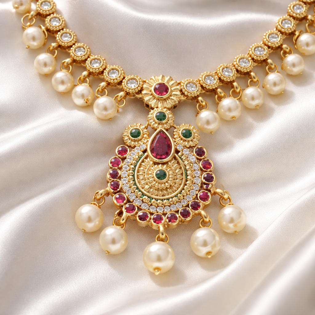 Traditional AD Stone  Gold Tone Necklace & Earrings Set