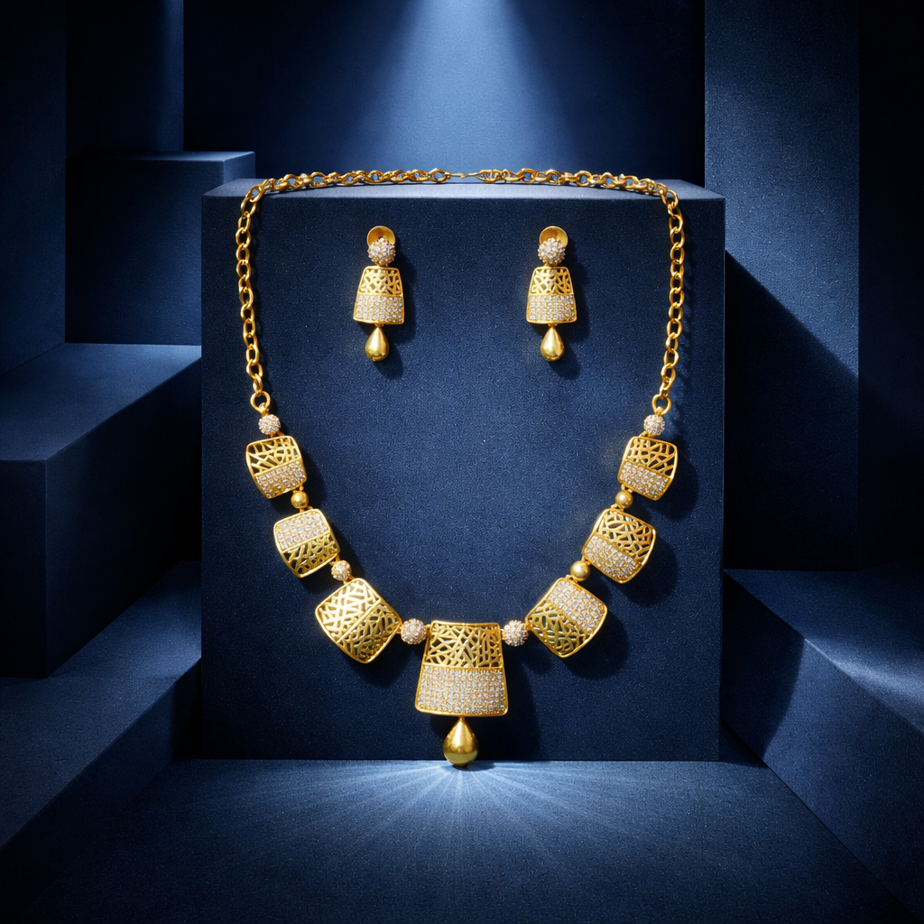 Gold Tone Geometric Necklace Set with Drop Pendant