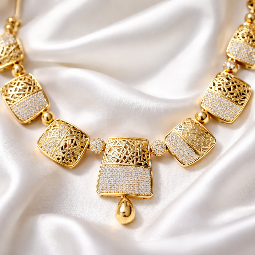Gold Tone Geometric Necklace Set with Drop Pendant