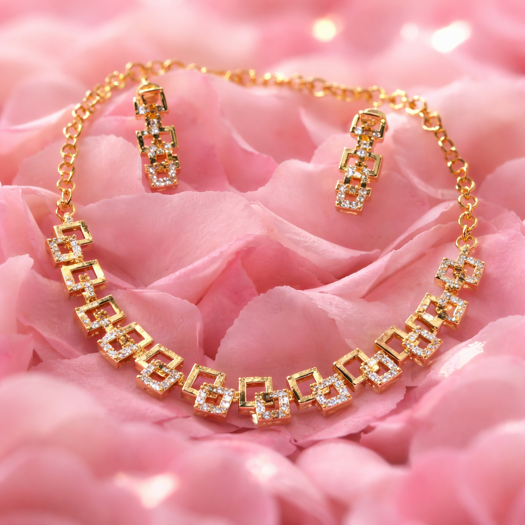 Contemporary AD Stone Gold Finish Geometric Necklace & Earrings Set