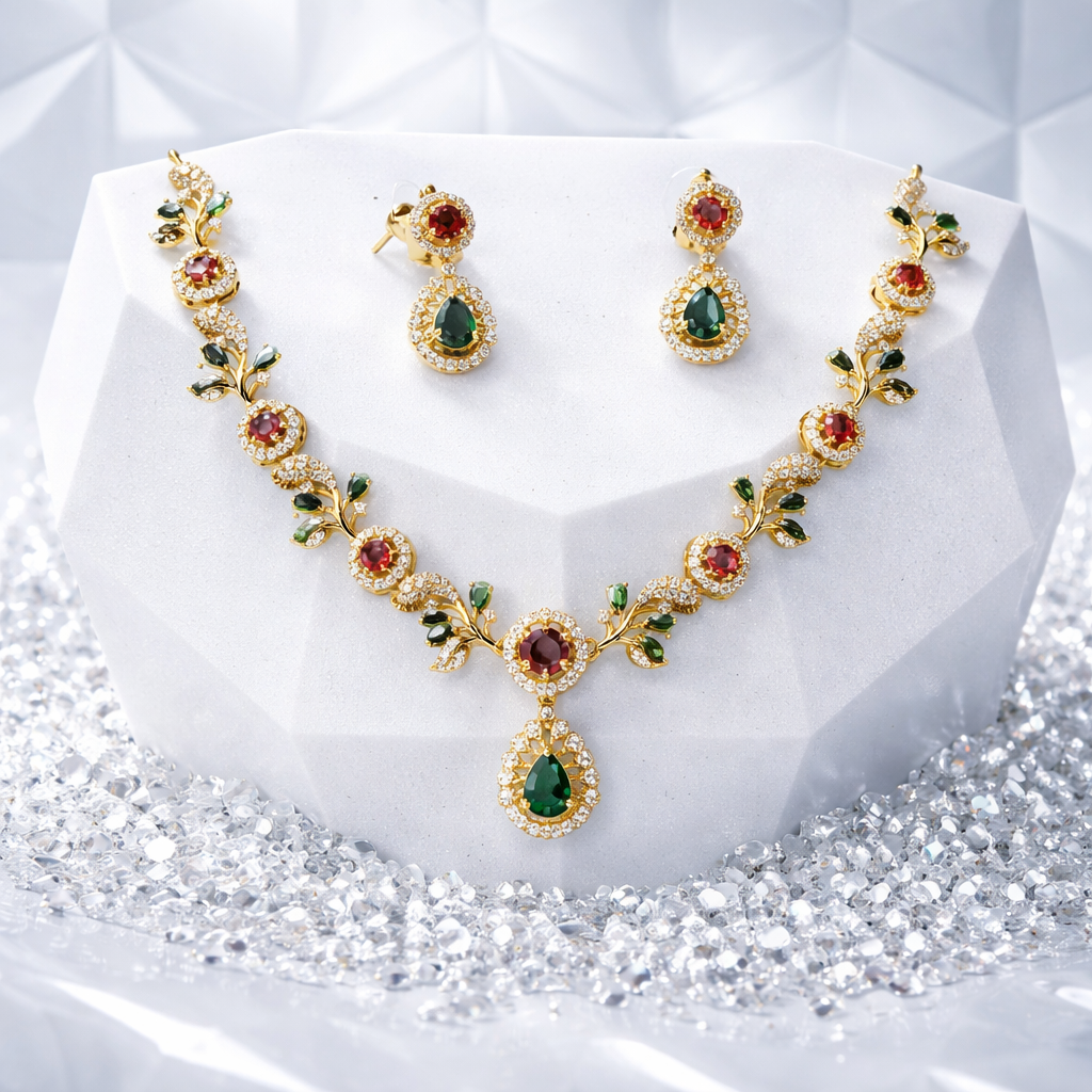 Gold Floral AD Stone Necklace & Earring Set