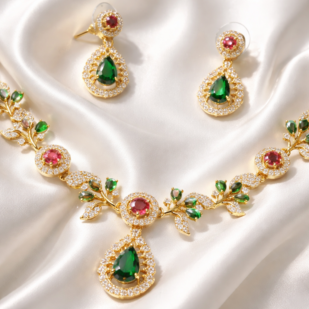 Gold Floral AD Stone Necklace & Earring Set