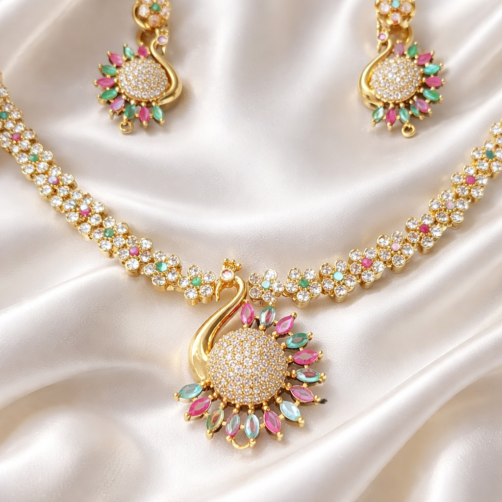 AD Stone Traditional Gold Floral Necklace & Earrings Set