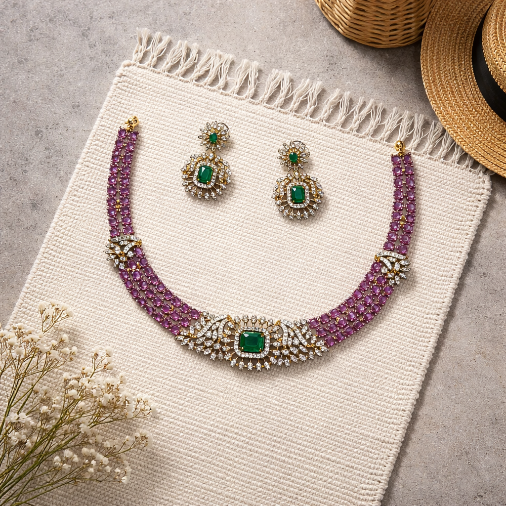 Imitation Emerald & Ruby Designer Necklace Set