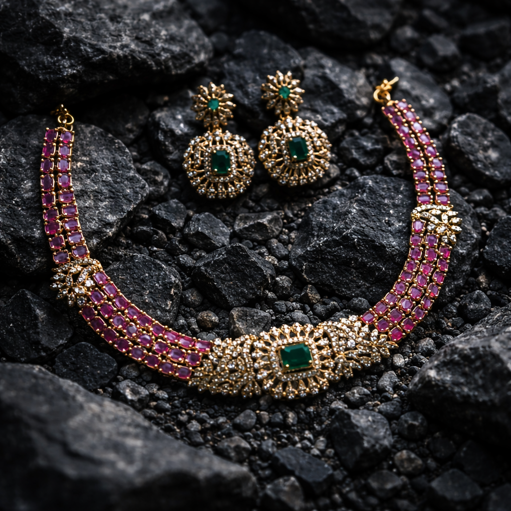 Imitation Emerald & Ruby Designer Necklace Set