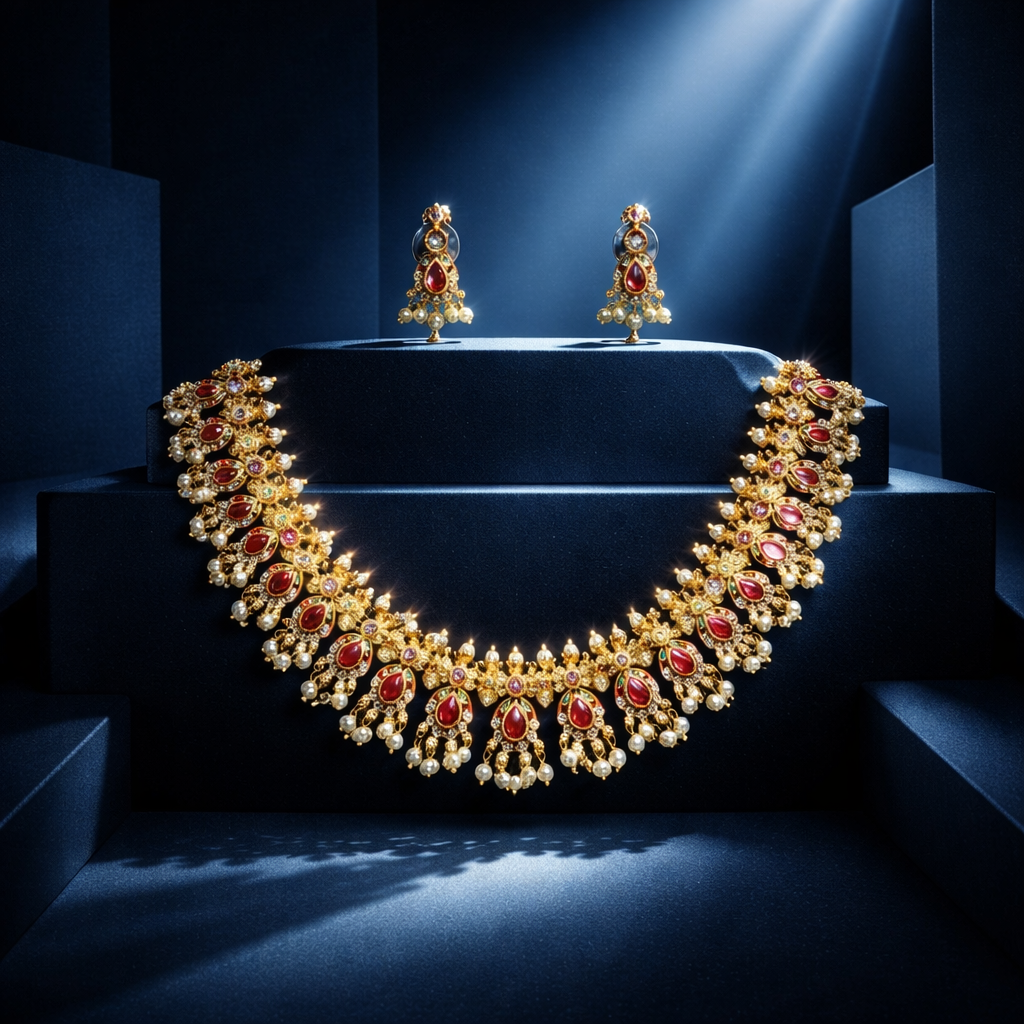 Traditional Ruby Pearl Imitation Necklace & Earring Set