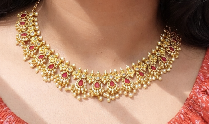 Traditional Ruby Pearl Imitation Necklace & Earring Set