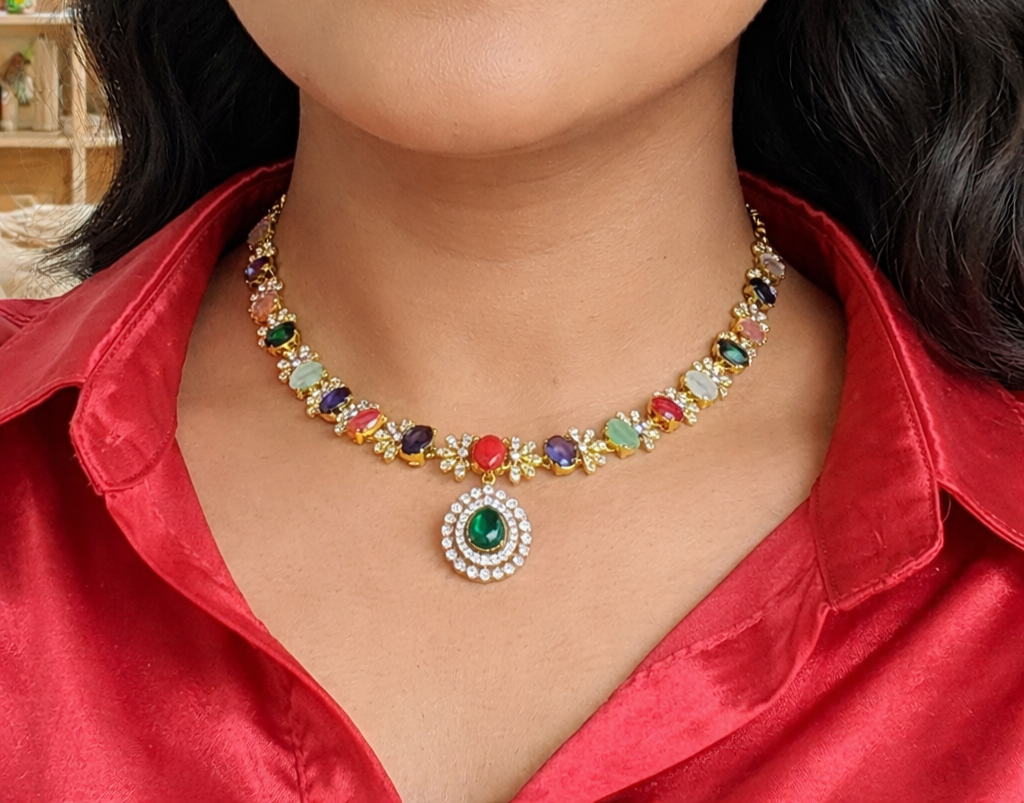 Designer Multicolor AD Stones Imitation Necklace and Matching Earrings