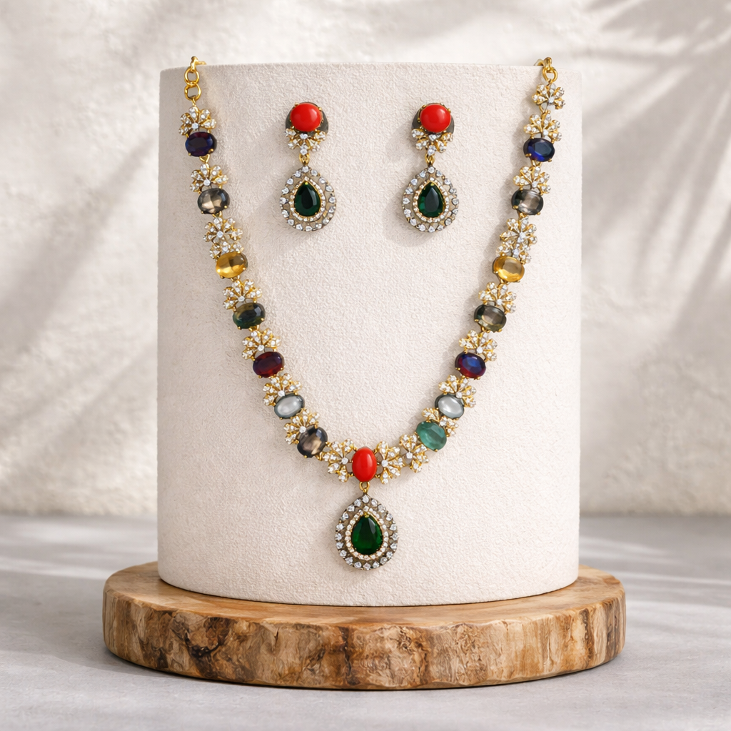 Designer Multicolor AD Stones Imitation Necklace and Matching Earrings
