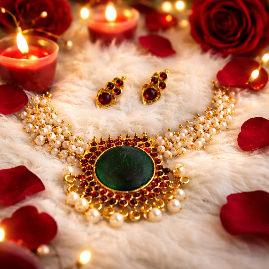 Traditional Kemp Stone Pendant Necklace with Pearl Bunch Earrings