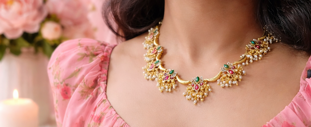 Lotus Motif Multicolor Stone Gungroo Necklace Set