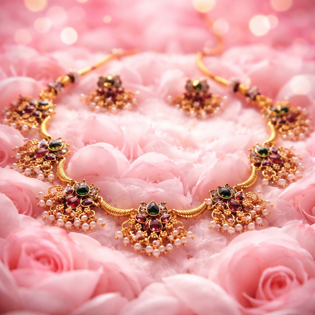 Lotus Motif Multicolor Stone Gungroo Necklace Set