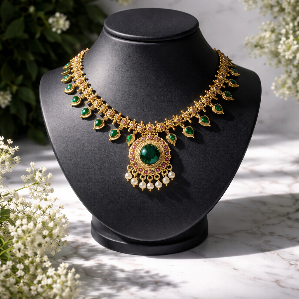 Traditional Green Palakka Necklace & Earring Set