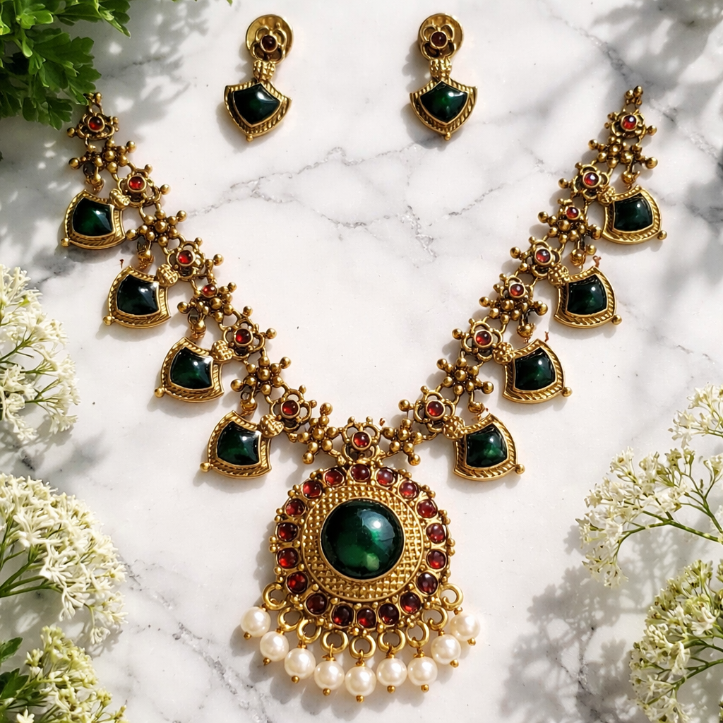 Traditional Green Palakka Necklace & Earring Set