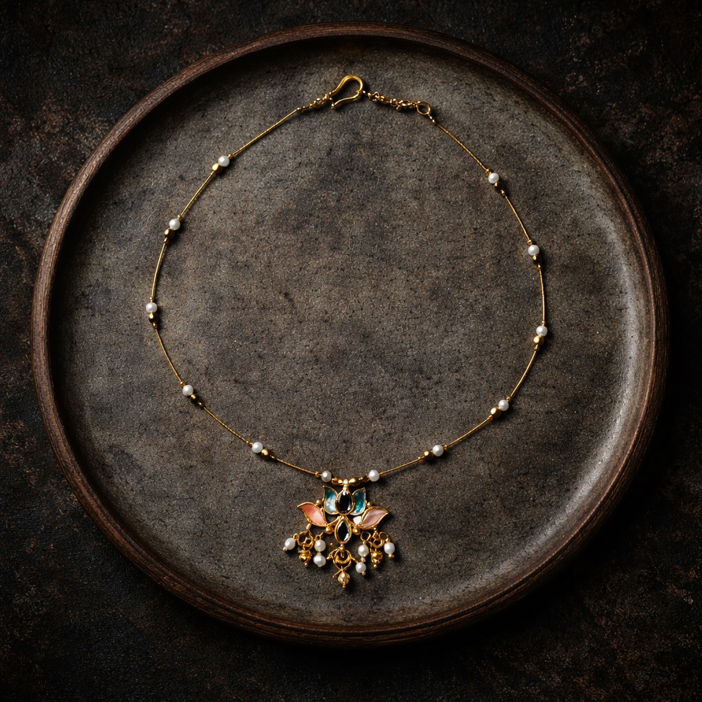 Handmade Enamelled Lotus Necklace with Pearl Drops