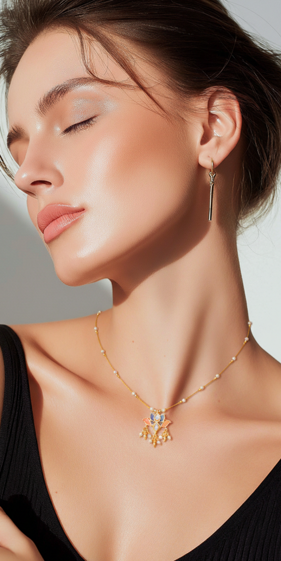 Handmade Enamelled Lotus Necklace with Pearl Drops