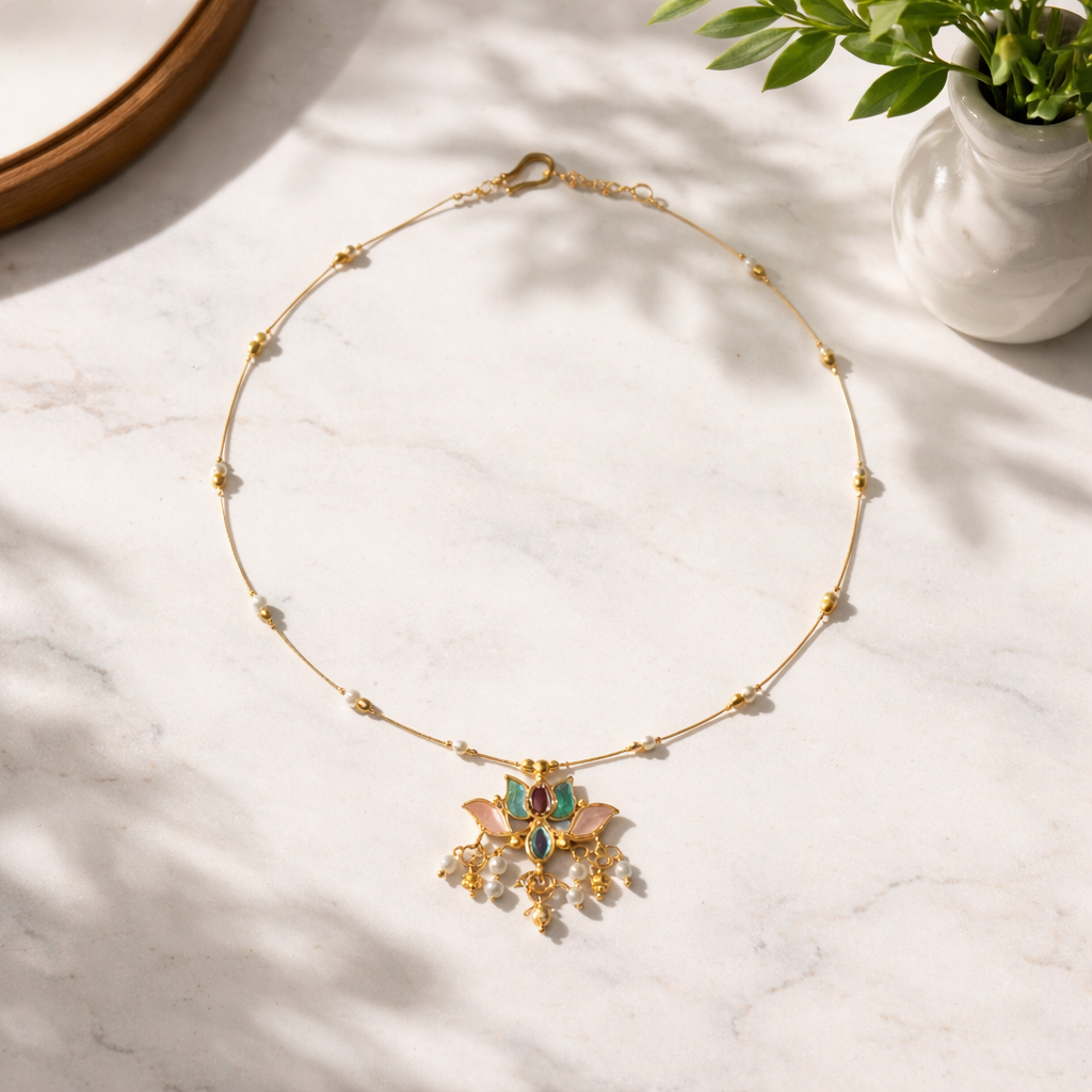 Handmade Enamelled Lotus Necklace with Pearl Drops