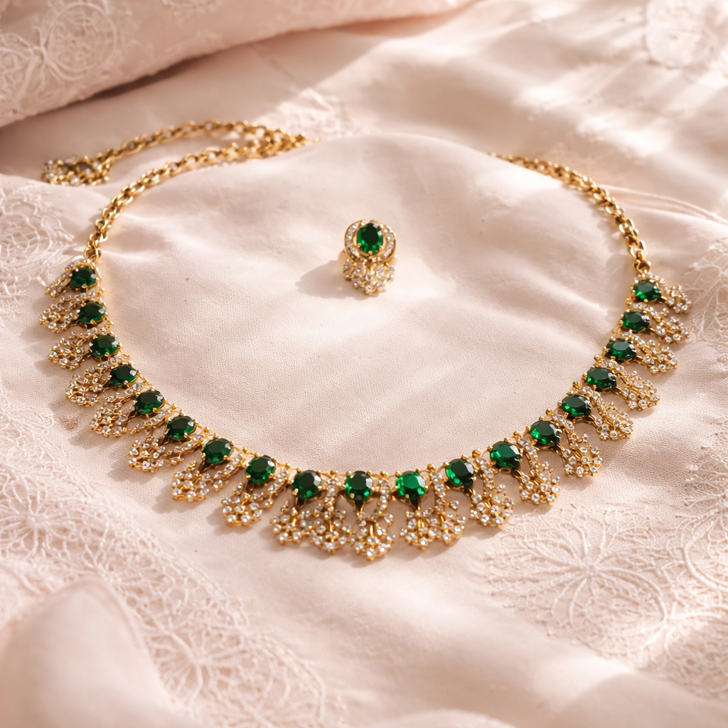 Green and White AD Stone Necklace and Earrings