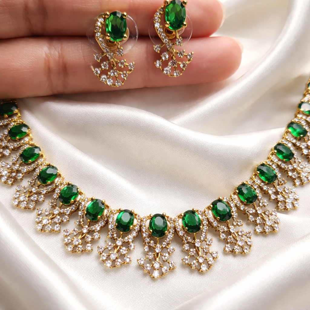Green and White AD Stone Necklace and Earrings