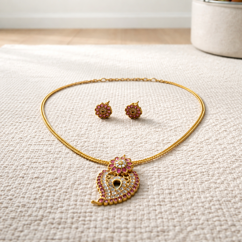 AD Stone Multicolor Mango Necklace With Earrings