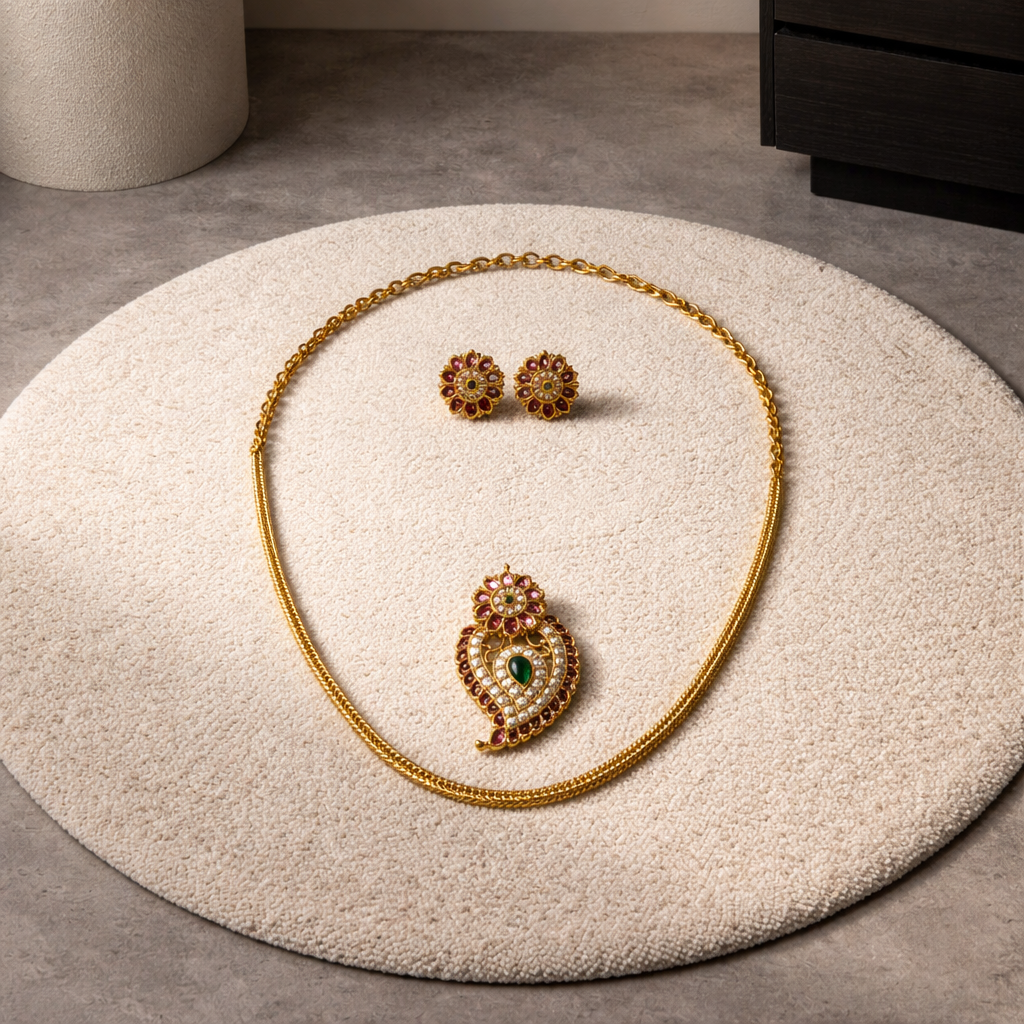 AD Stone Multicolor Mango Necklace With Earrings