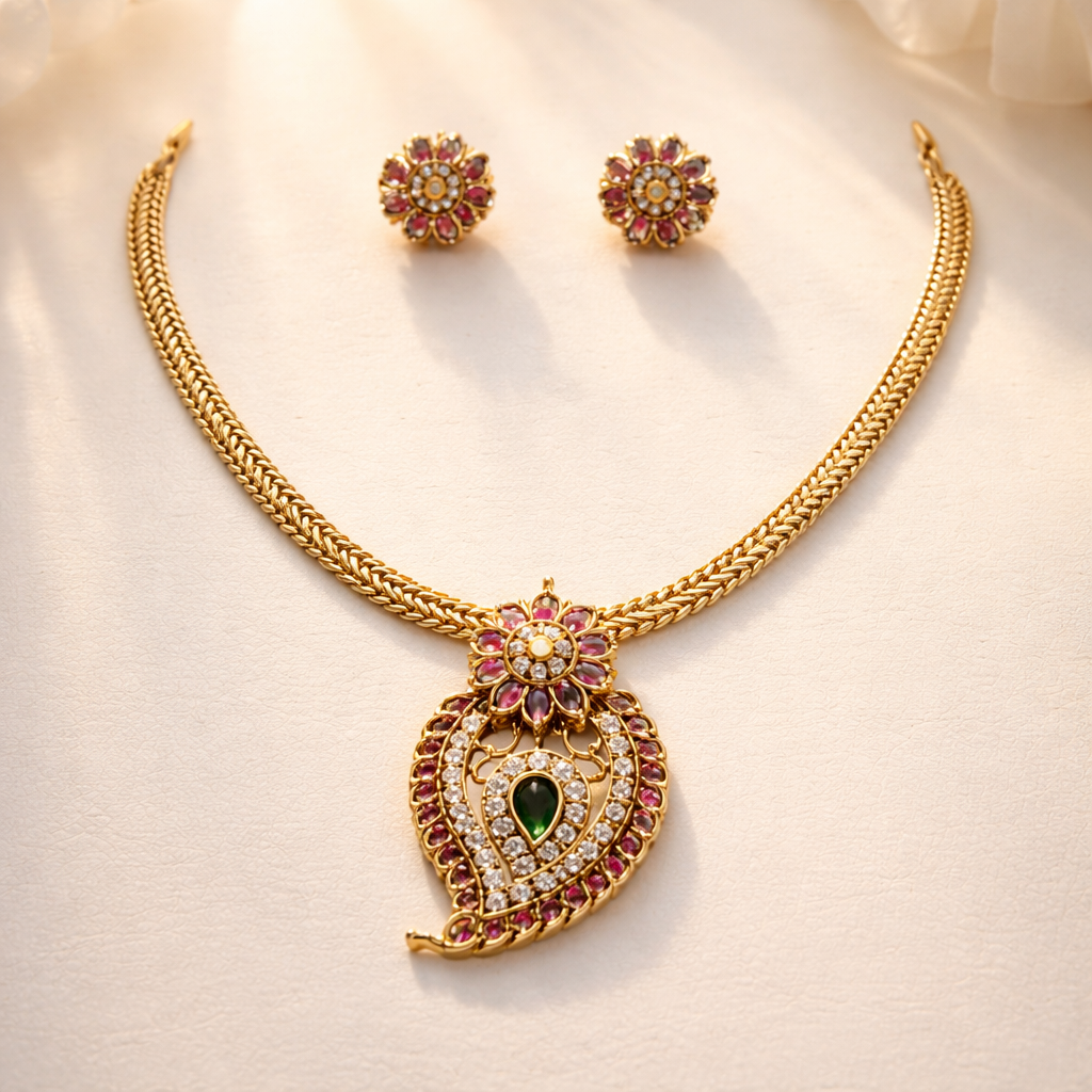 AD Stone Multicolor Mango Necklace With Earrings