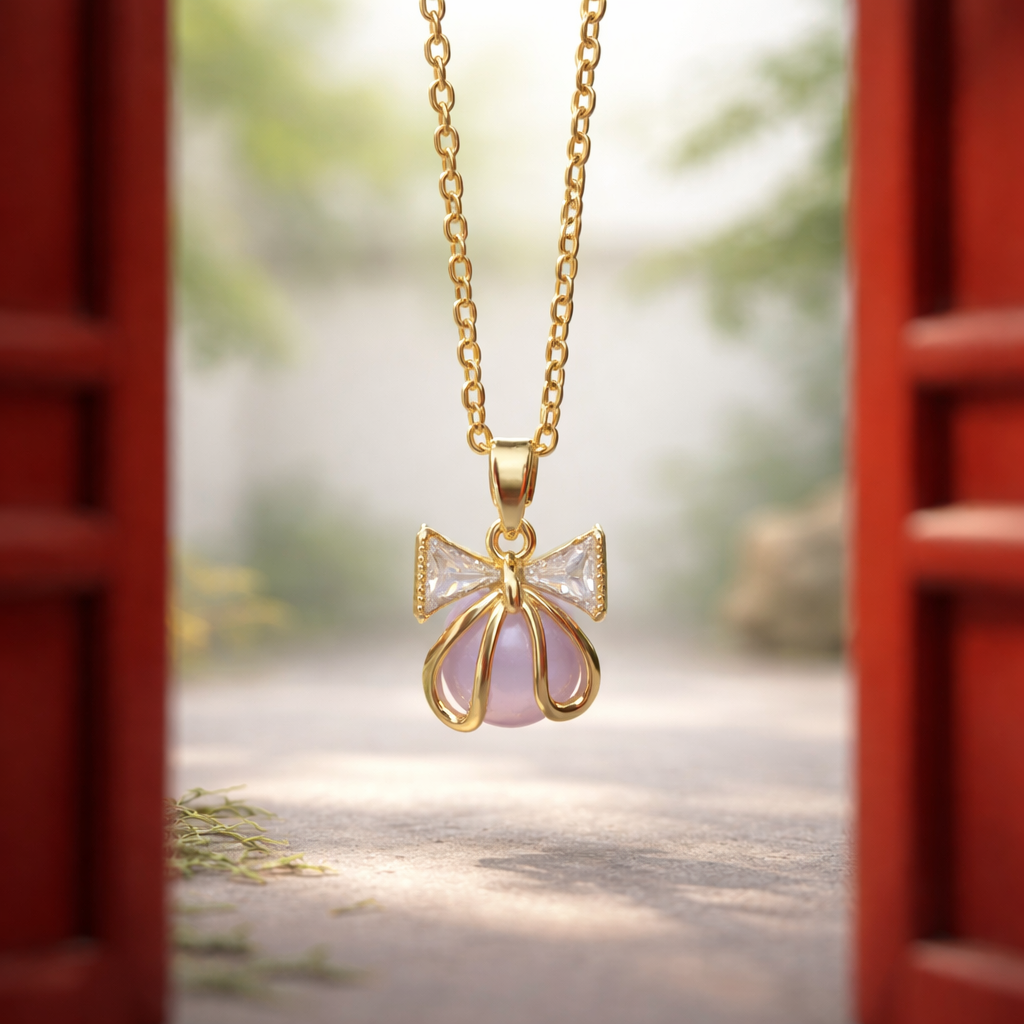 Zircon Bow Pink Beads - Titanium Steel Necklace