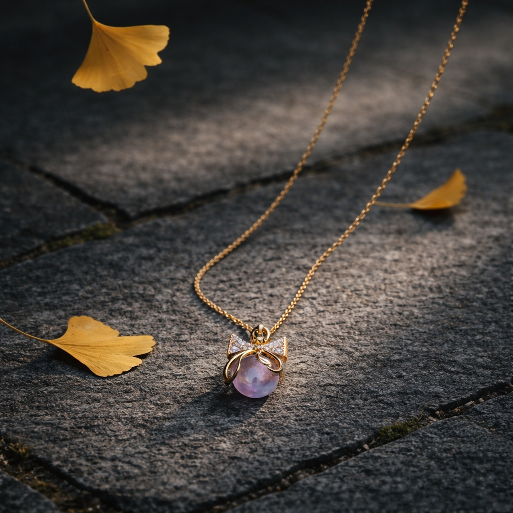 Zircon Bow Pink Beads - Titanium Steel Necklace