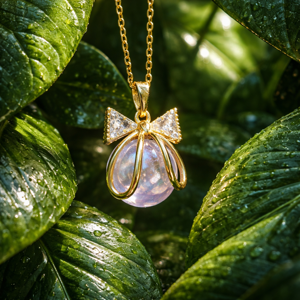 Zircon Bow Pink Beads - Titanium Steel Necklace