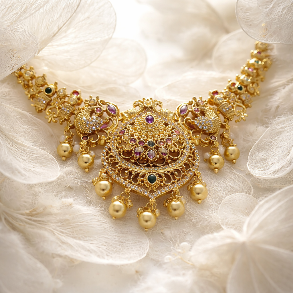 AD Stones Necklace and dangling bell-shaped earrings