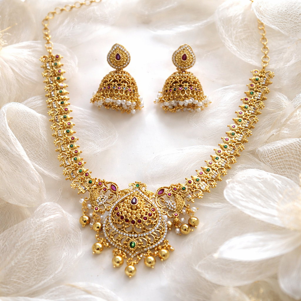 AD Stones Necklace and dangling bell-shaped earrings