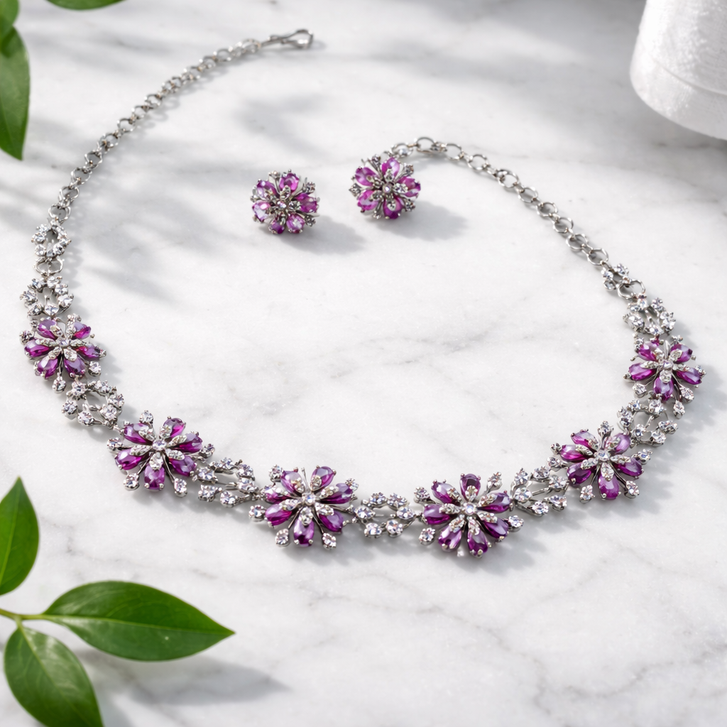 Floral Silver colour Necklace and earrings
