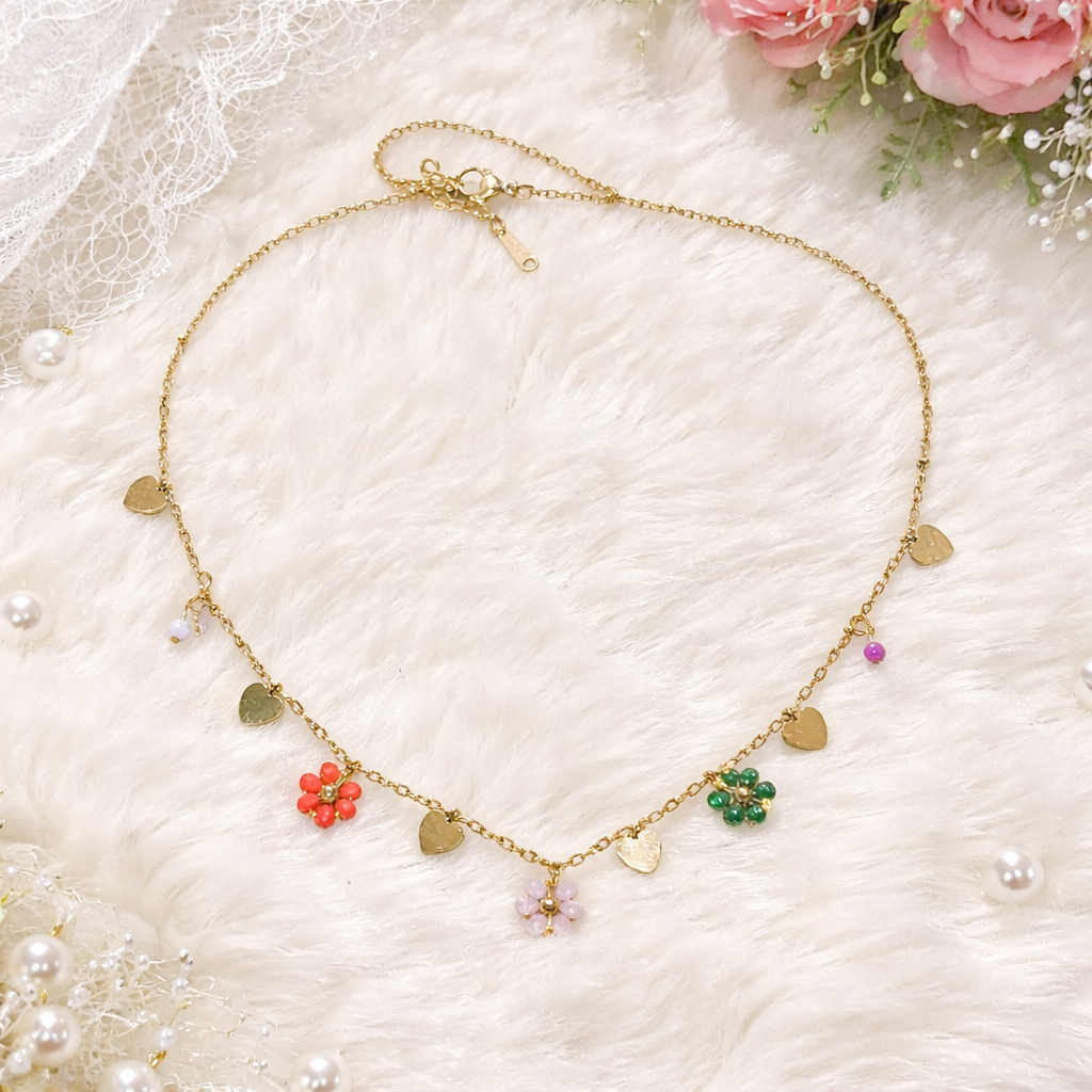 Colorful Beads Flower Love Necklace Gold