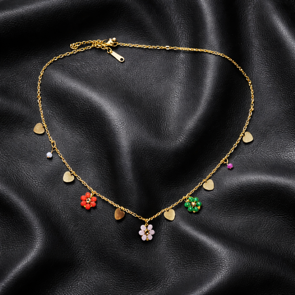Colorful Beads Flower Love Necklace Gold