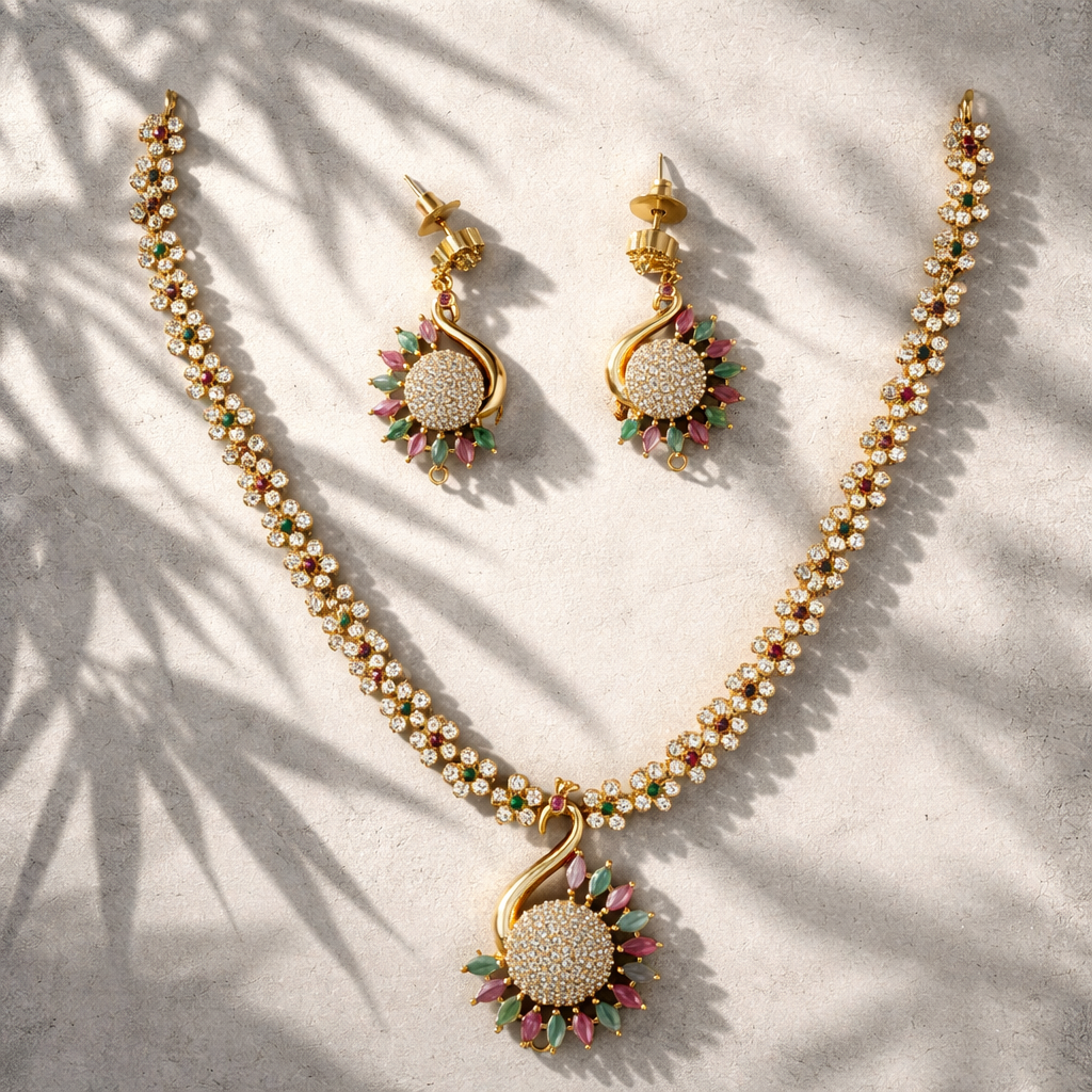 AD Stone Traditional Gold Floral Necklace & Earrings Set