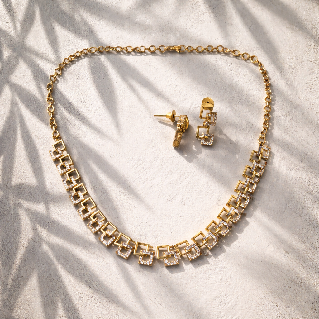 Contemporary AD Stone Gold Finish Geometric Necklace & Earrings Set