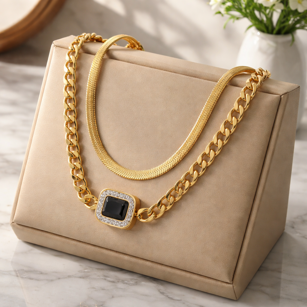 Double layered Simple Style Geometric Titanium Steel Plating Inlay Necklace